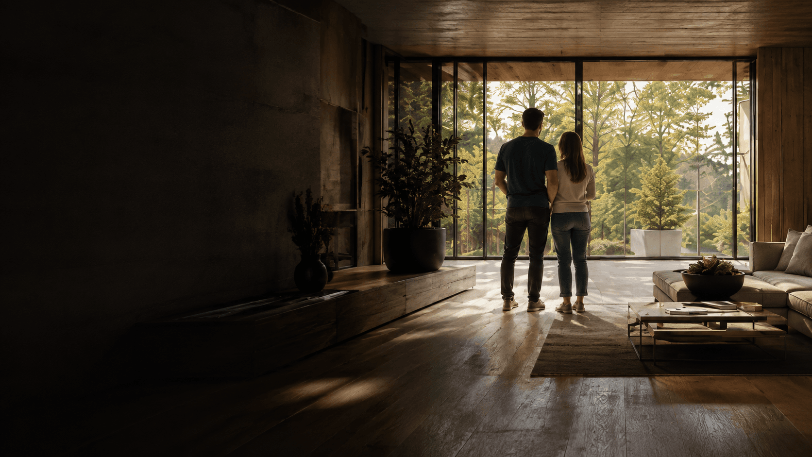A couple standing at a wall of windows, looking out at trees in a bright modern living room