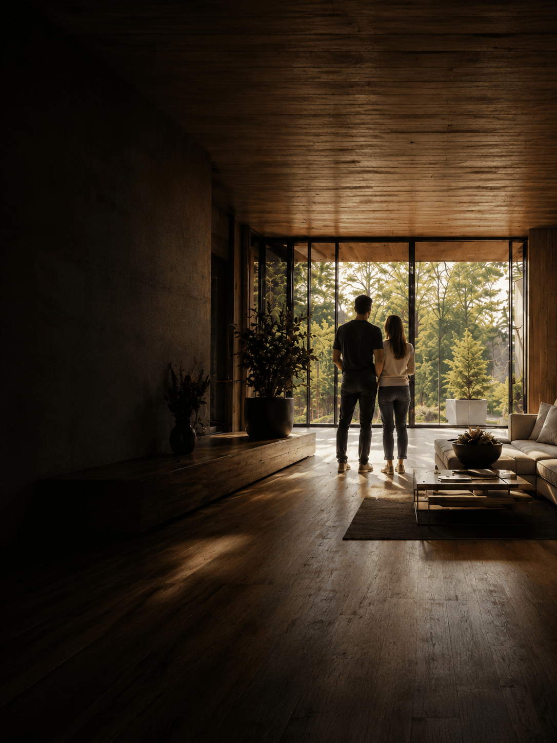 A couple standing at a wall of windows, looking out at trees in a bright modern living room