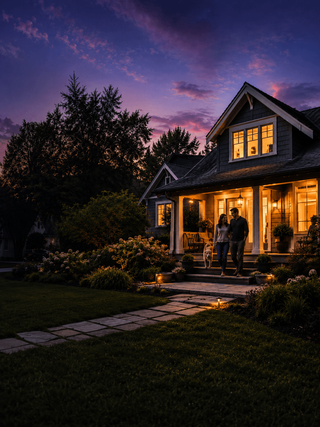 A couple and their dog on the porch of a warm craftsman home at twilight, its windows glowing