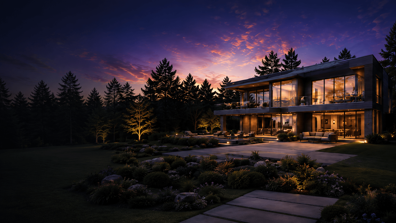 A modern home glowing at twilight under a dramatic purple sky, its lit interior ready for showing