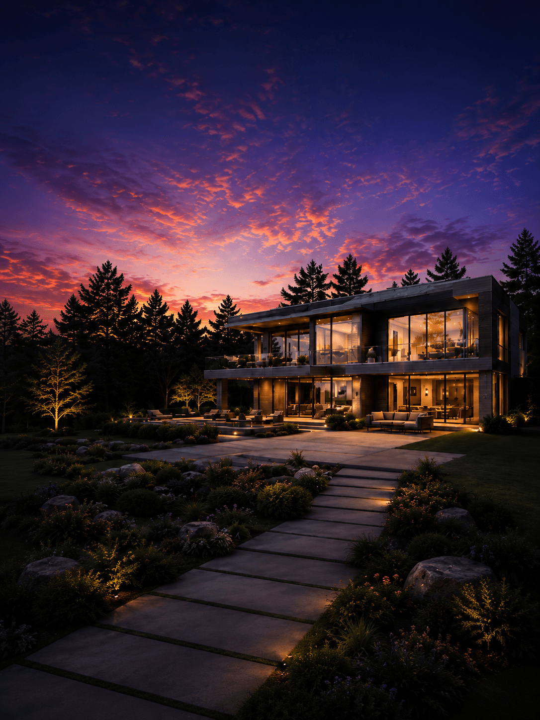 A modern home glowing at twilight under a dramatic purple sky, its lit interior ready for showing