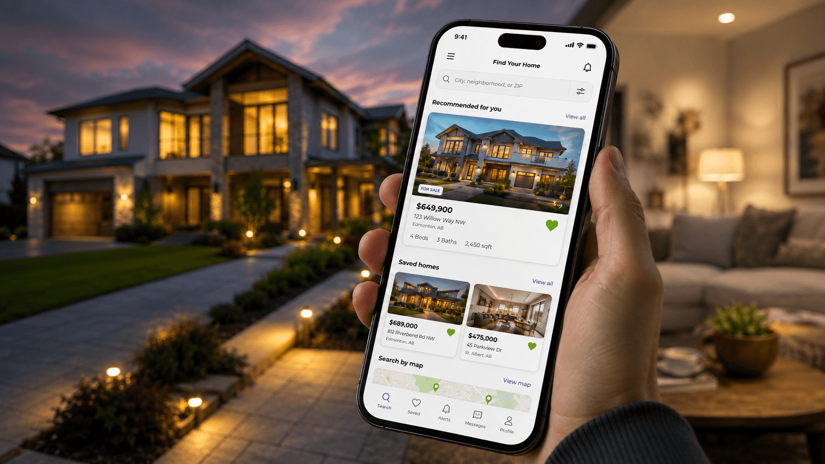 A hand holding a phone showing the Home Locator app's Find Your Home screen, with a luxury home at dusk in the background