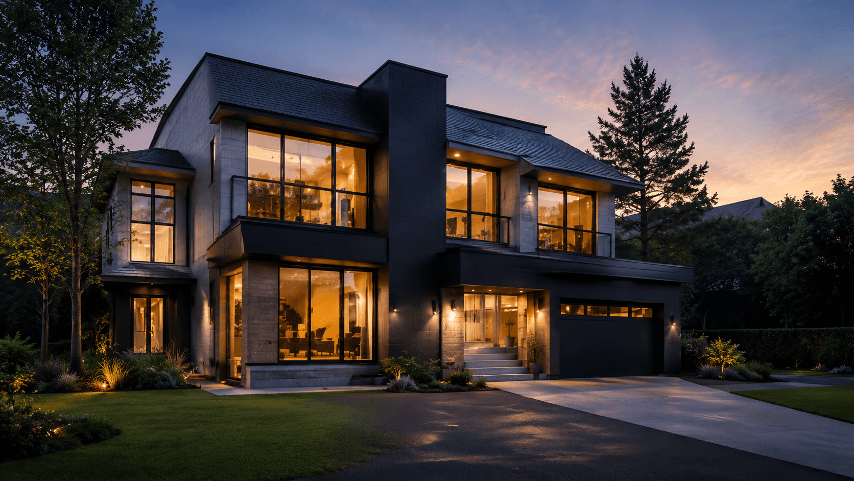 A modern home in an established neighbourhood at dusk